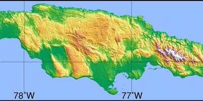 Карта на јамајка покажува планини и рамнини и долини